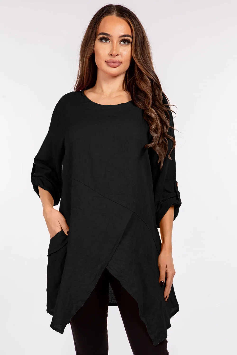 Raw Moda Asymmetric Single Pocket Linen Tunic