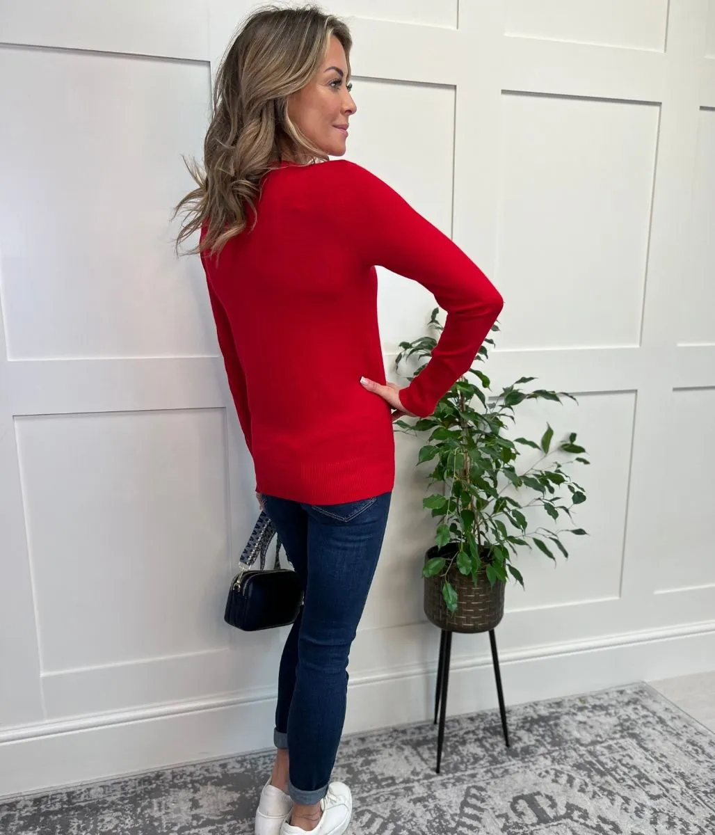 Red Fine Knit Button Cuff Jumper