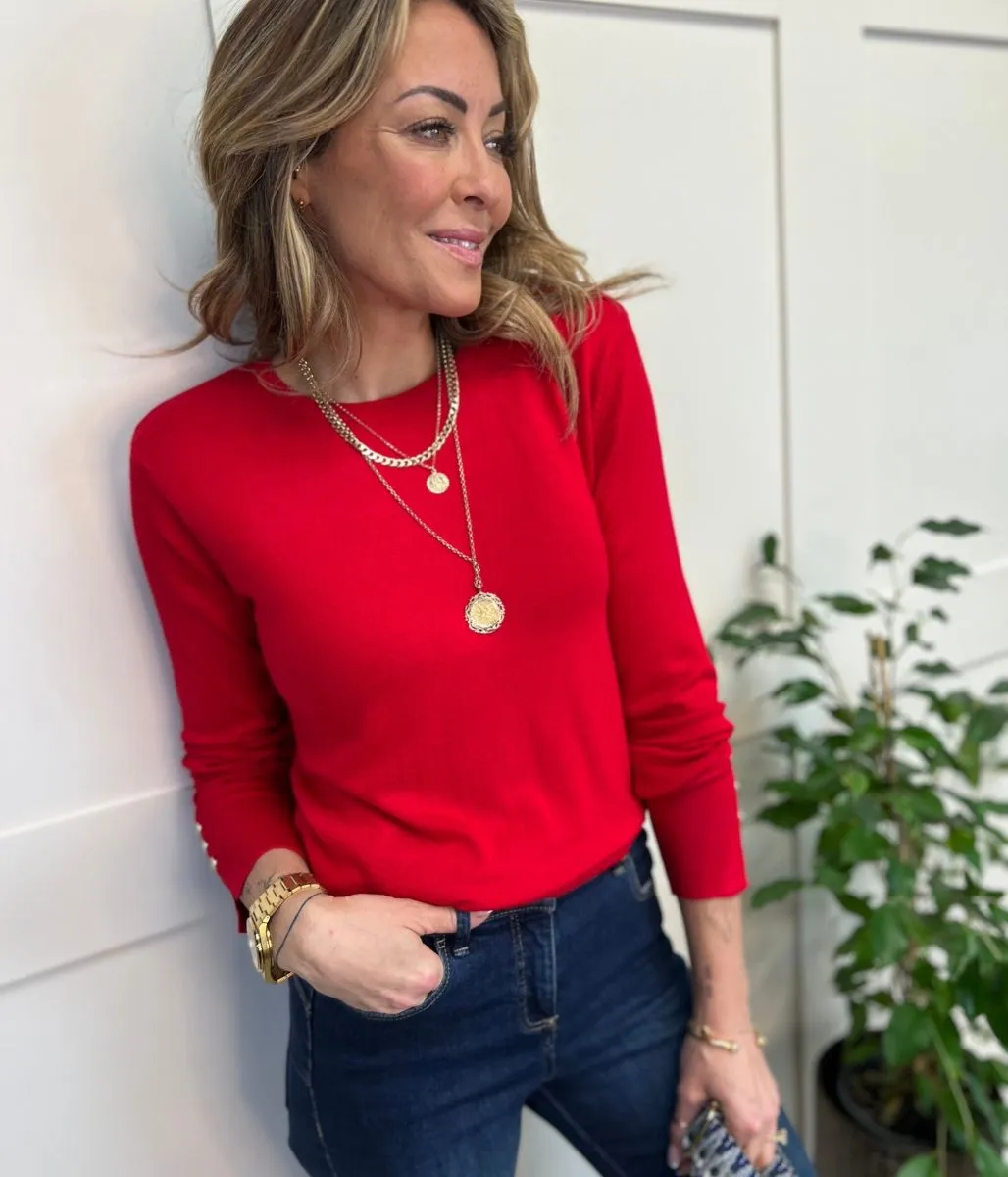 Red Fine Knit Button Cuff Jumper