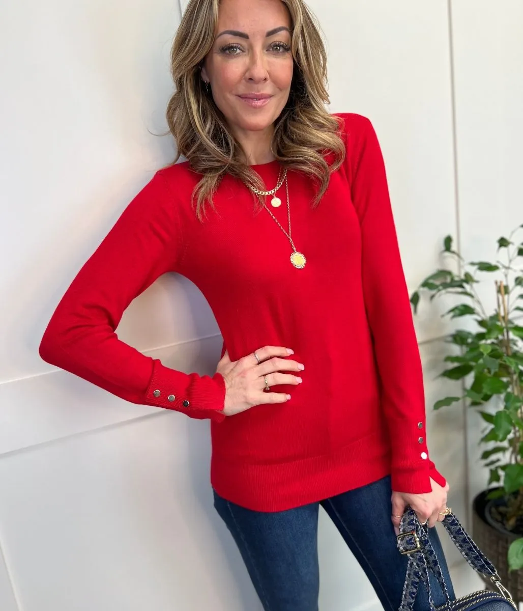 Red Fine Knit Button Cuff Jumper