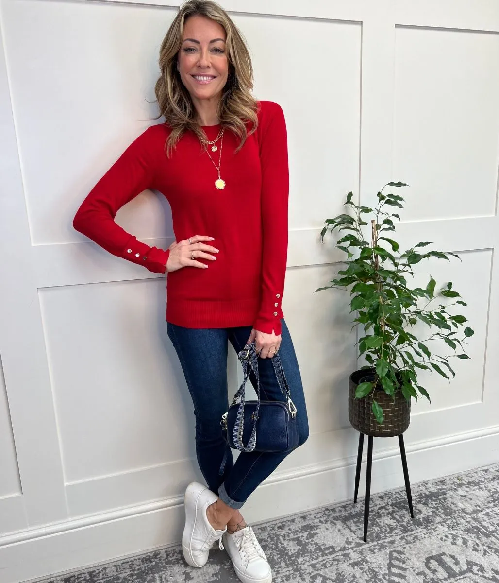 Red Fine Knit Button Cuff Jumper