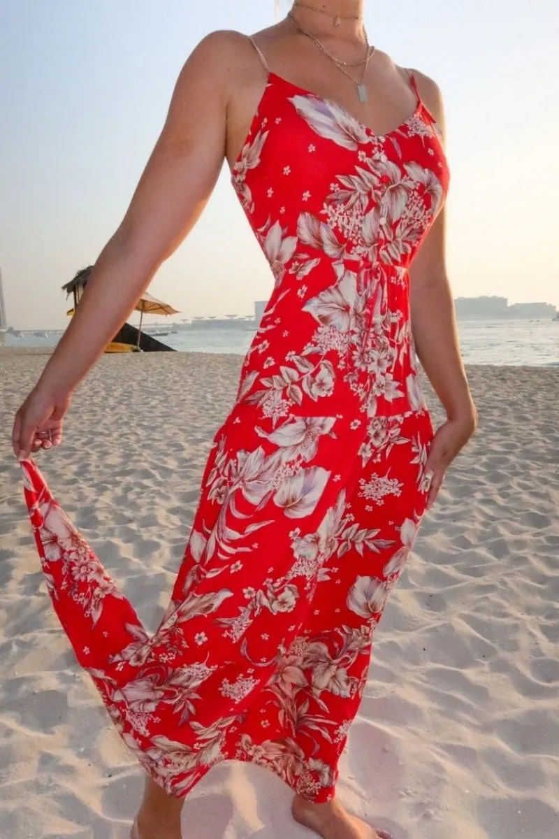 Red Floral Tie Waist Tiered Maxi Dress