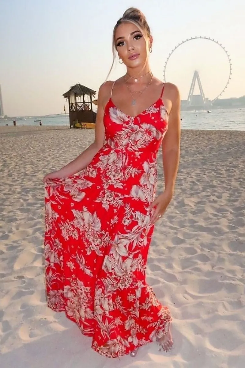 Red Floral Tie Waist Tiered Maxi Dress