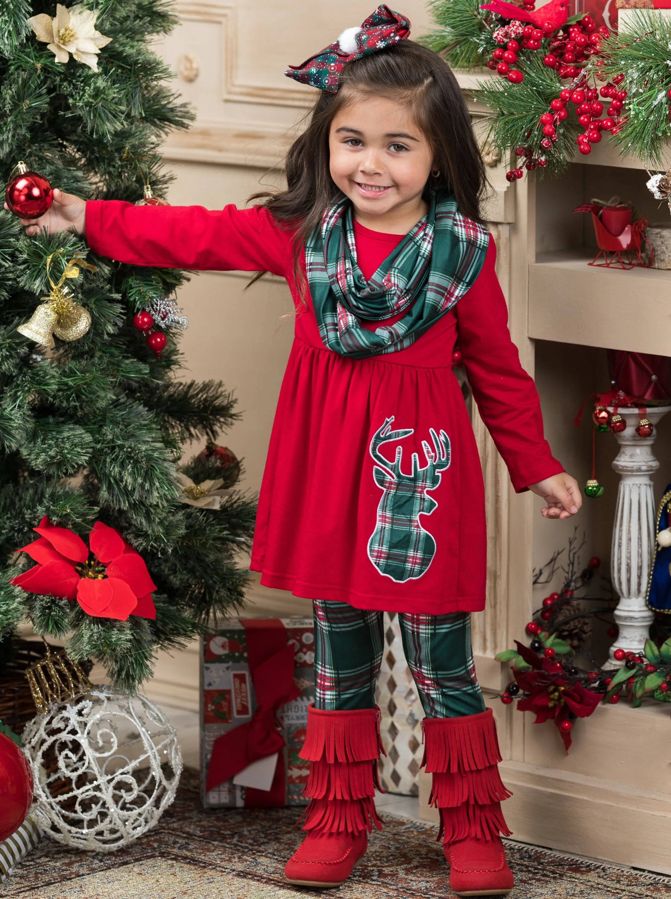 Reindeer Slay Plaid Tunic, Scarf, And Legging Set