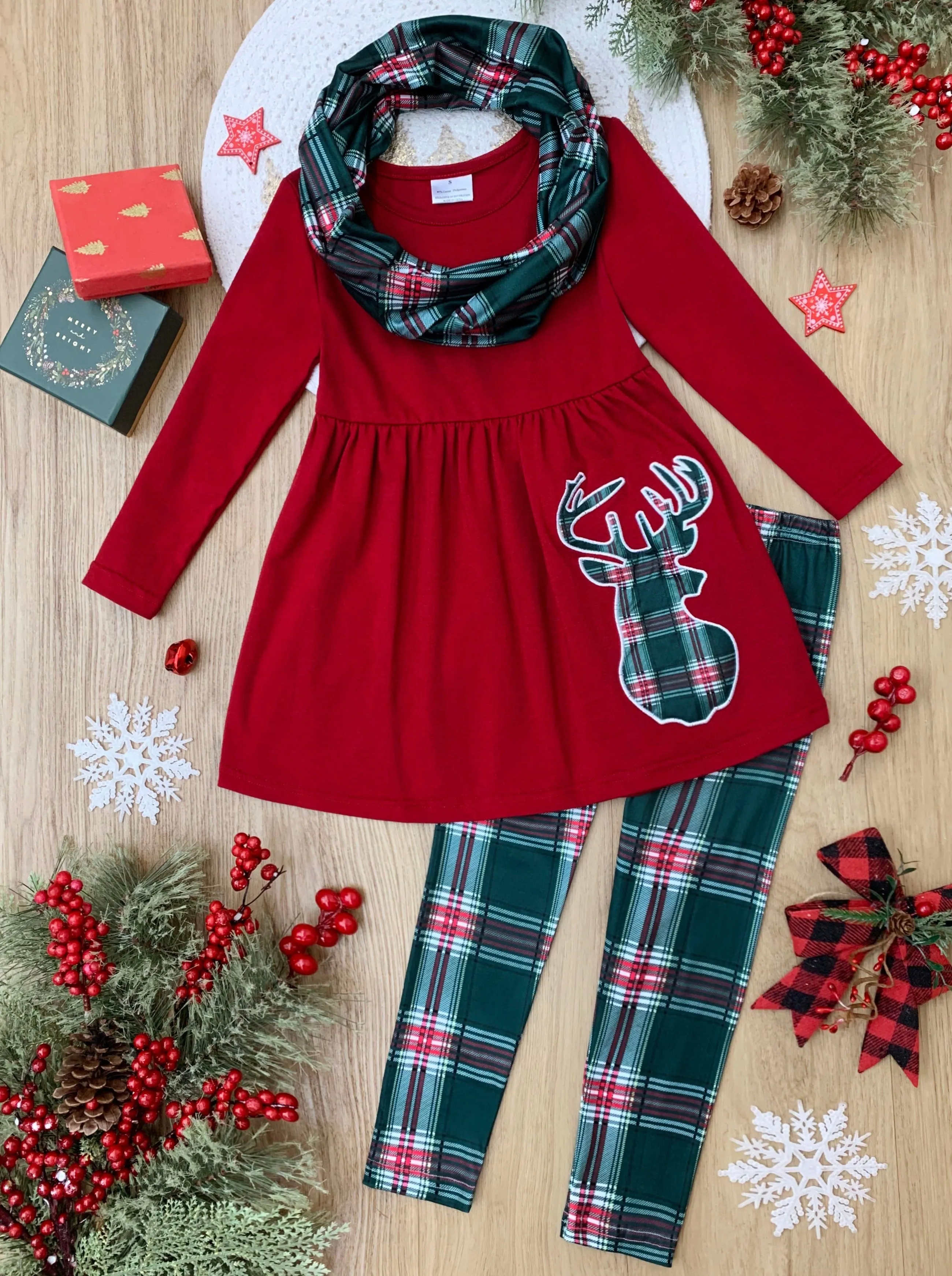 Reindeer Slay Plaid Tunic, Scarf, And Legging Set