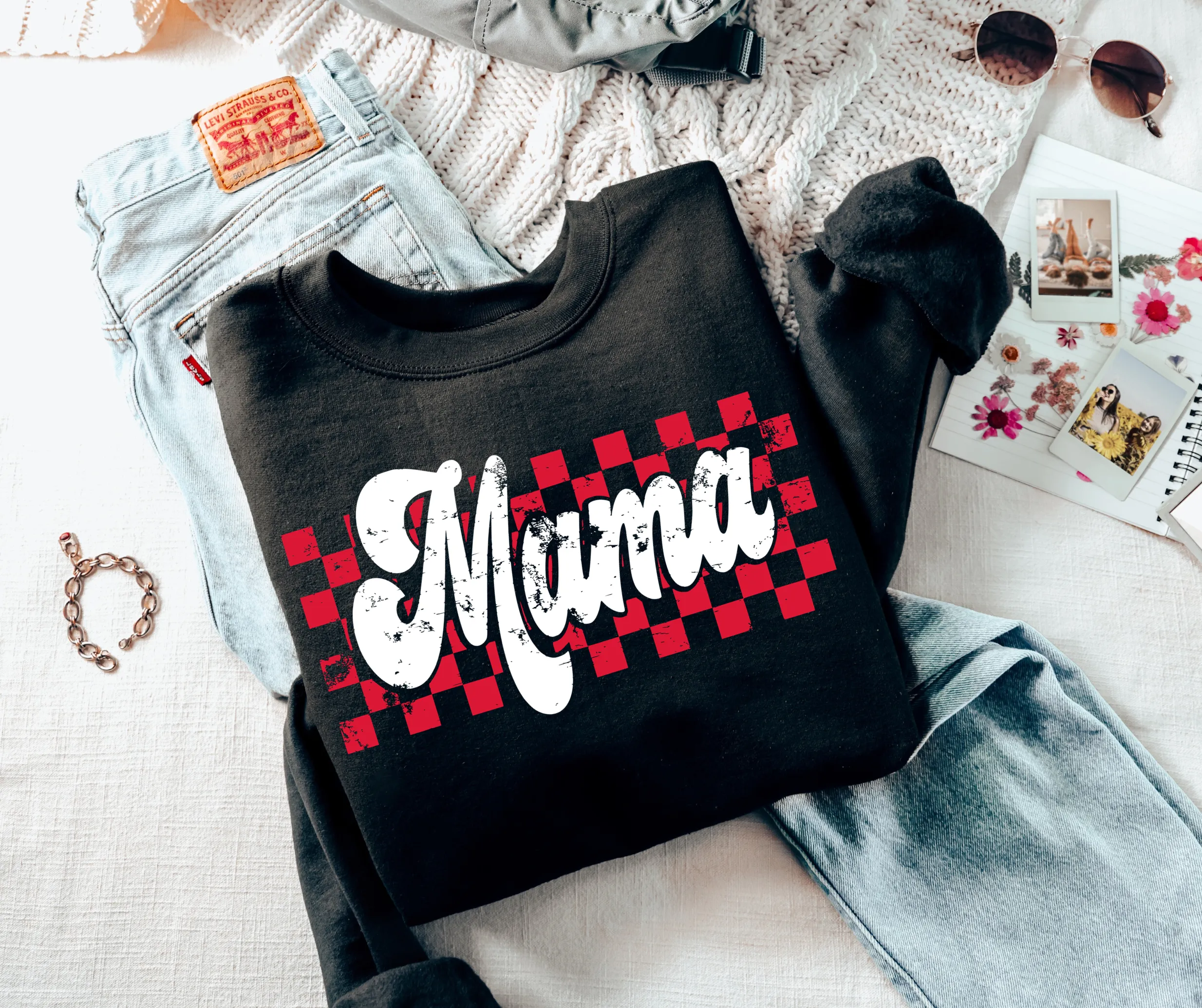 Retro Checkered Mama Black Sweatshirt