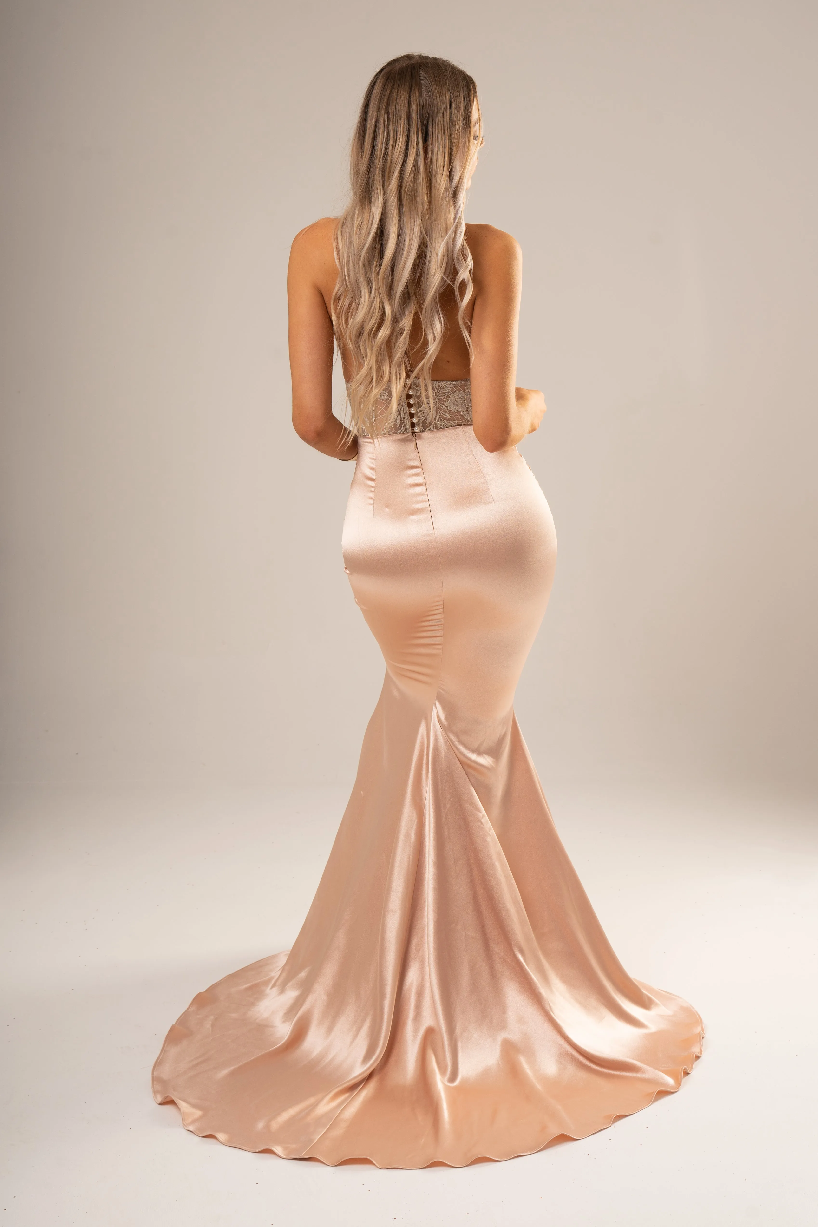 Rose gold satin mermaid dress with gold lace top (sales)