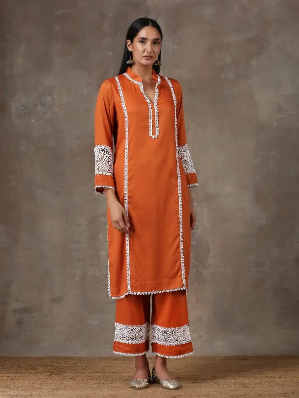 Rust Orange Lace Detail Cotton Kurta Set (Set of 2)