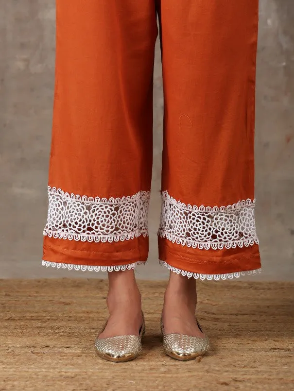 Rust Orange Lace Detail Cotton Kurta Set (Set of 2)