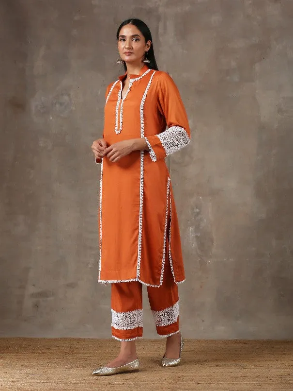 Rust Orange Lace Detail Cotton Kurta Set (Set of 2)