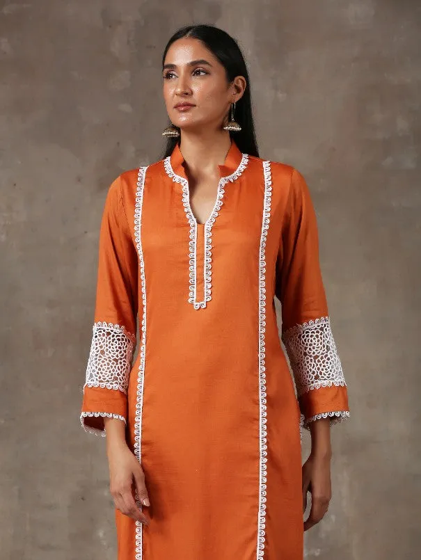 Rust Orange Lace Detail Cotton Kurta Set (Set of 2)