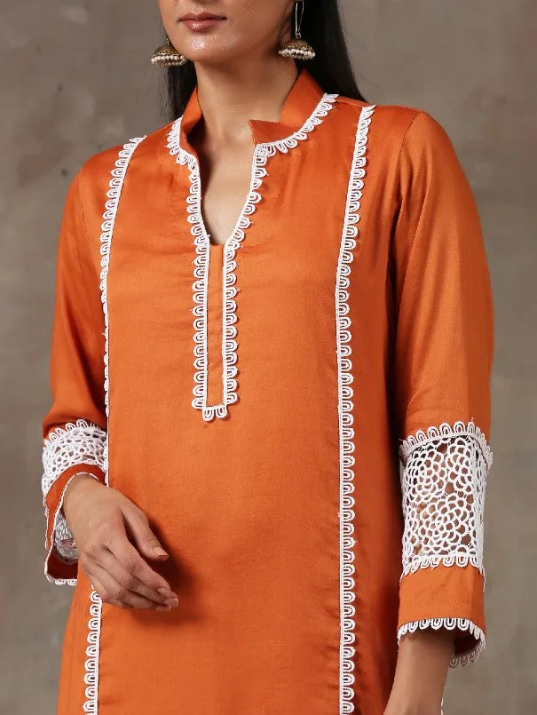 Rust Orange Lace Detail Cotton Kurta Set (Set of 2)