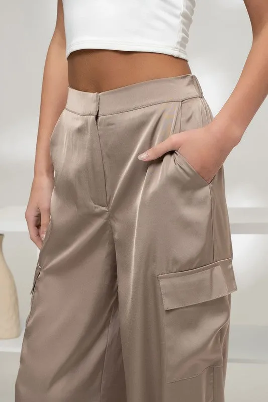 Satin High Waist Cargo Jogger Pants