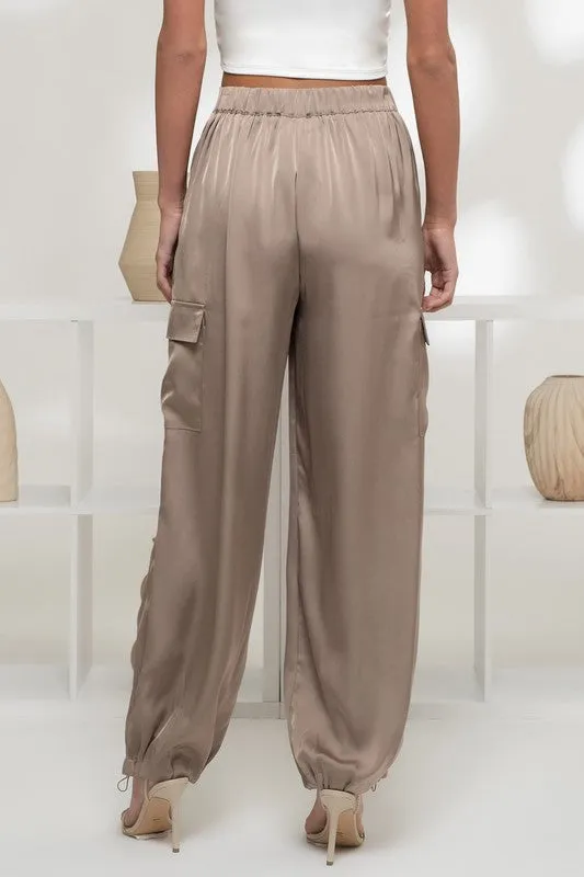 Satin High Waist Cargo Jogger Pants