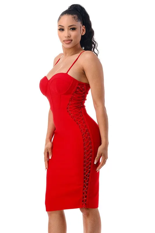 Scarlet Red Lace-Up Bandage Dress