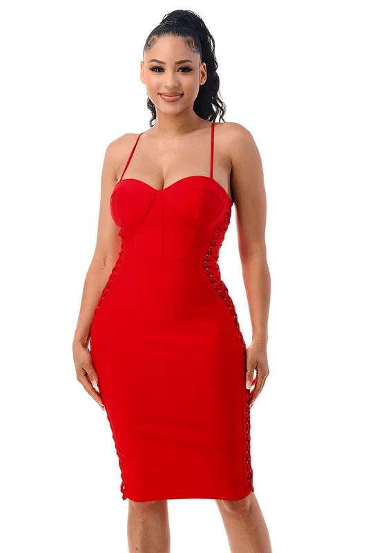 Scarlet Red Lace-Up Bandage Dress