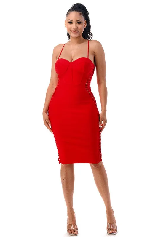 Scarlet Red Lace-Up Bandage Dress