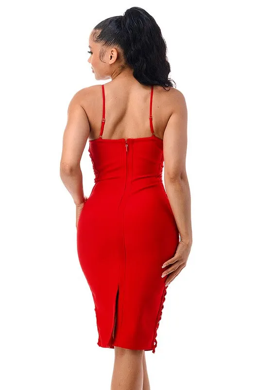 Scarlet Red Lace-Up Bandage Dress