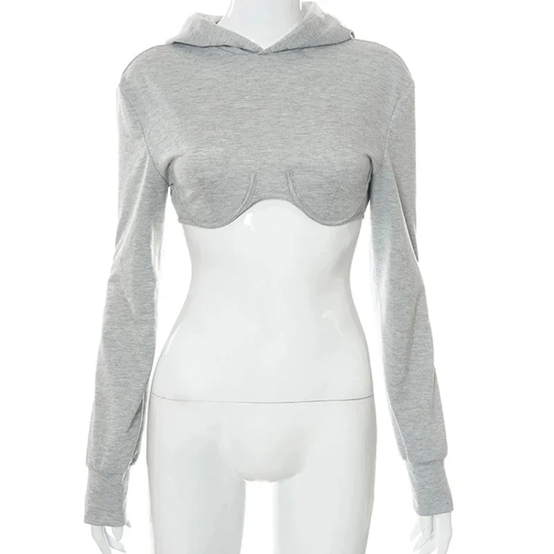 Sexy Gray Short Sweatshirt For Women Hooded Collar Long Sleeve Casual Sweatshirts Female Fashion New Clothing 2022