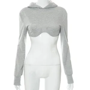 Sexy Gray Short Sweatshirt For Women Hooded Collar Long Sleeve Casual Sweatshirts Female Fashion New Clothing 2022