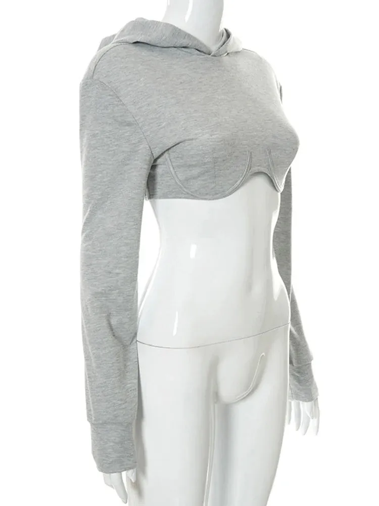 Sexy Gray Short Sweatshirt For Women Hooded Collar Long Sleeve Casual Sweatshirts Female Fashion New Clothing 2022