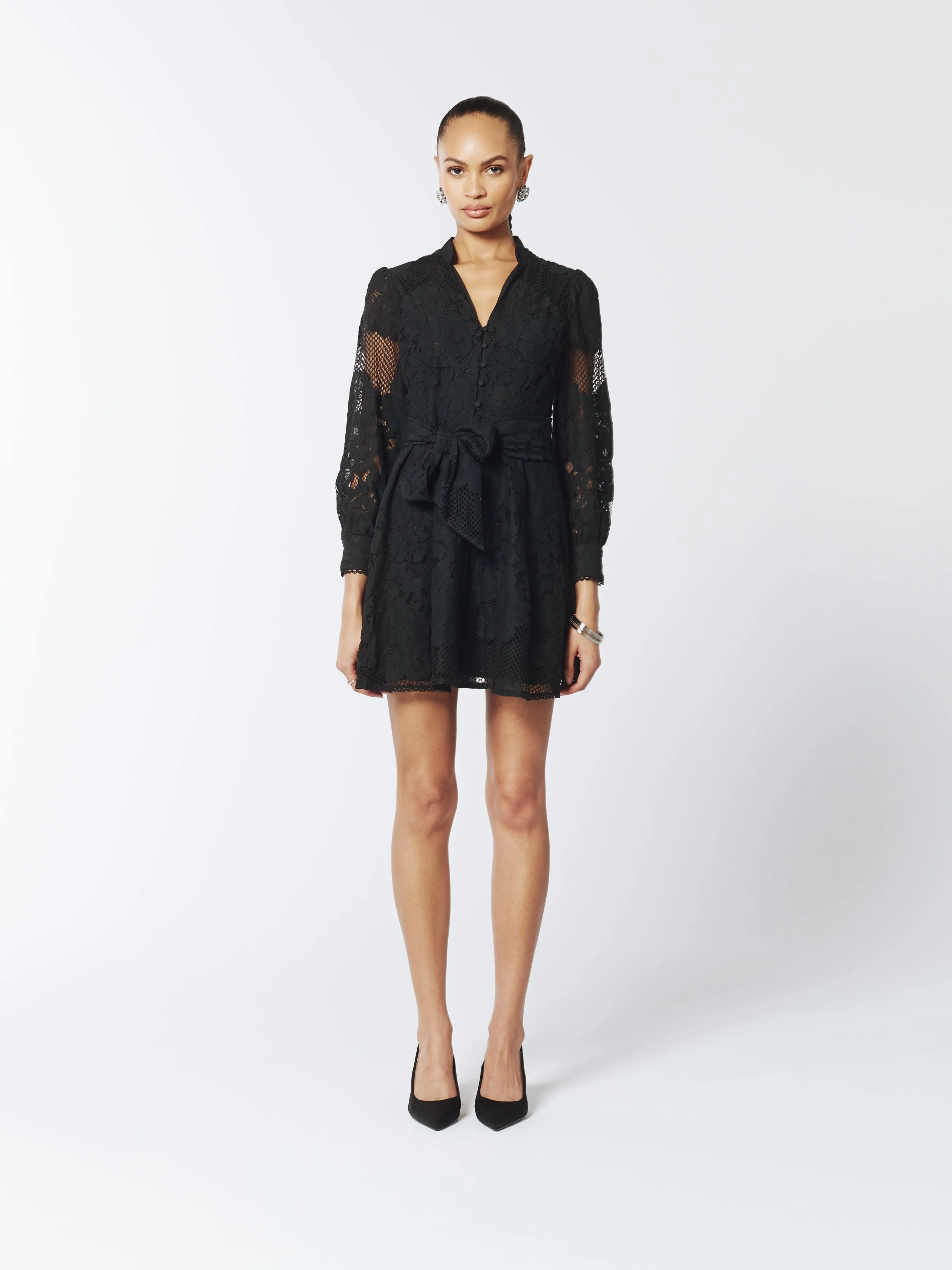 Sheer Lace Long Sleeve Mini Dress in Black