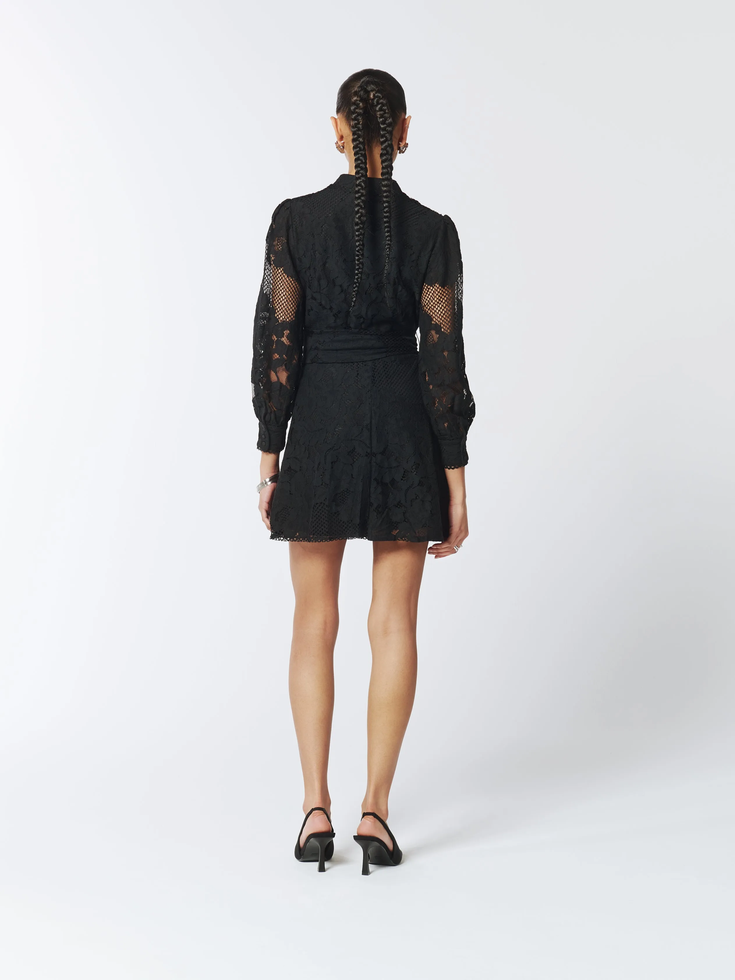 Sheer Lace Long Sleeve Mini Dress in Black