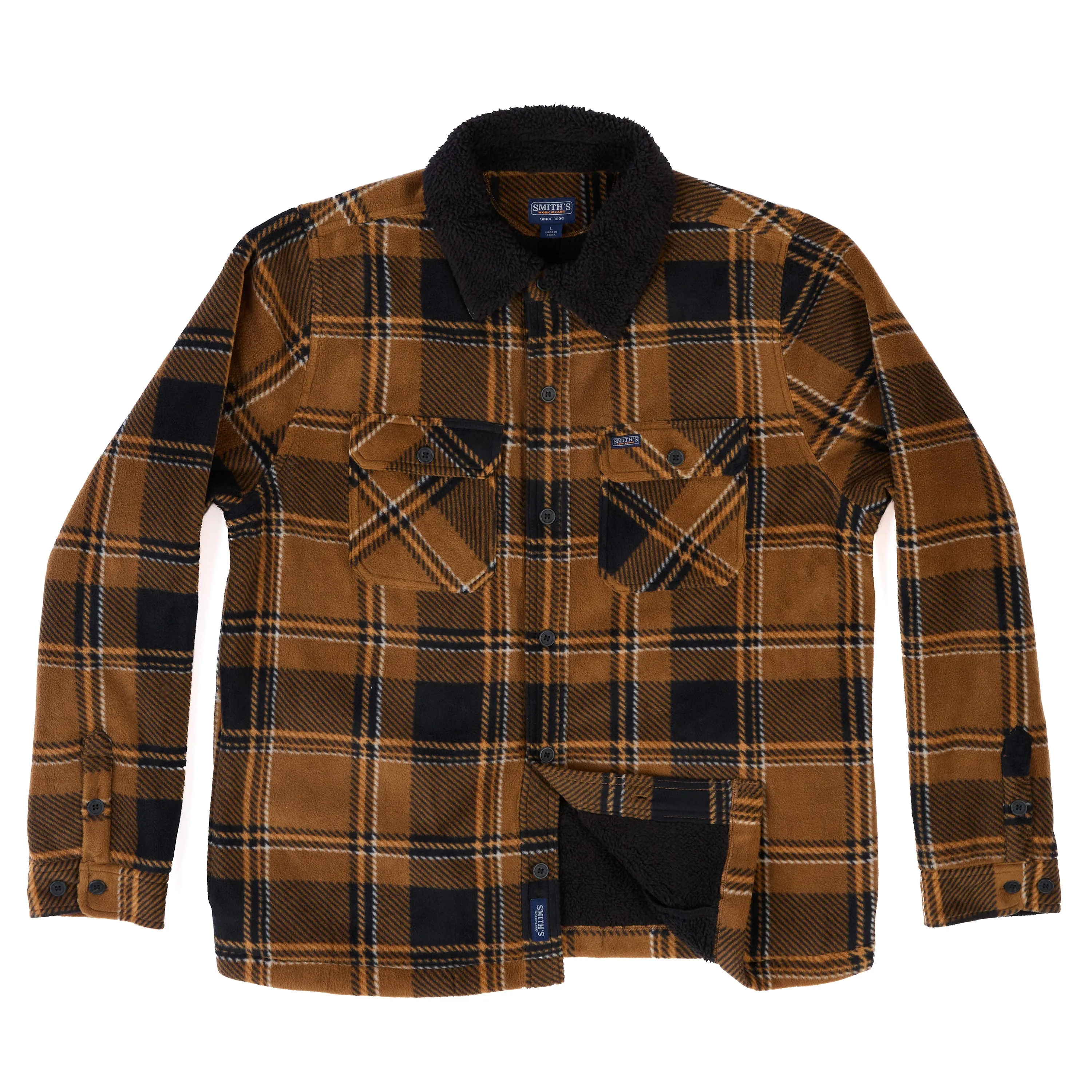 SHERPA-LINED PLAID MICRO POLARFLEECE JACKET WITH SHERPA COLLAR