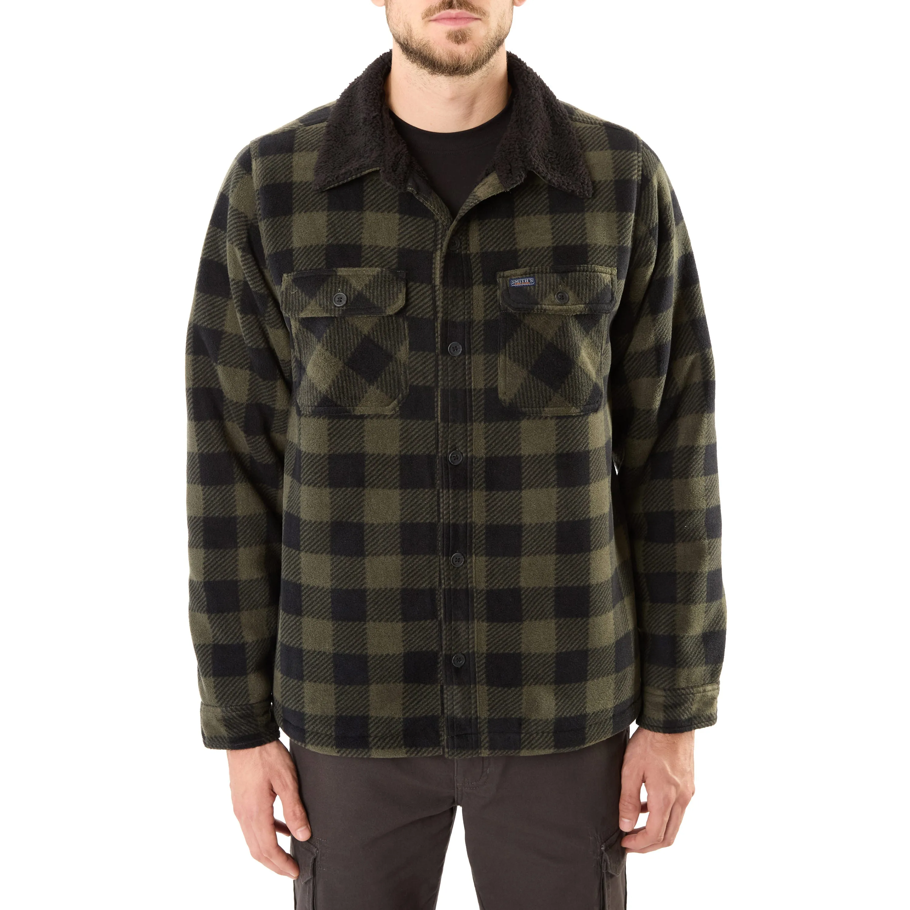 SHERPA-LINED PLAID MICRO POLARFLEECE JACKET WITH SHERPA COLLAR