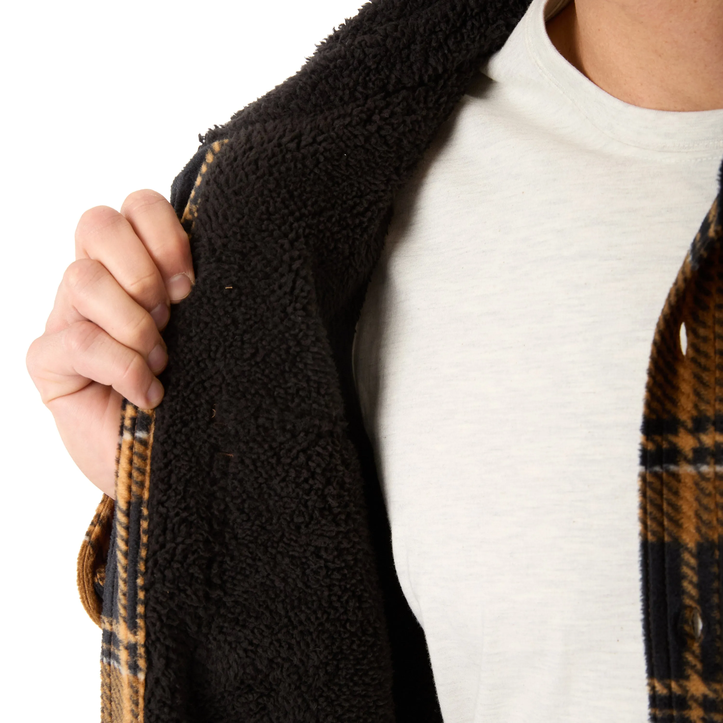 SHERPA-LINED PLAID MICRO POLARFLEECE JACKET WITH SHERPA COLLAR