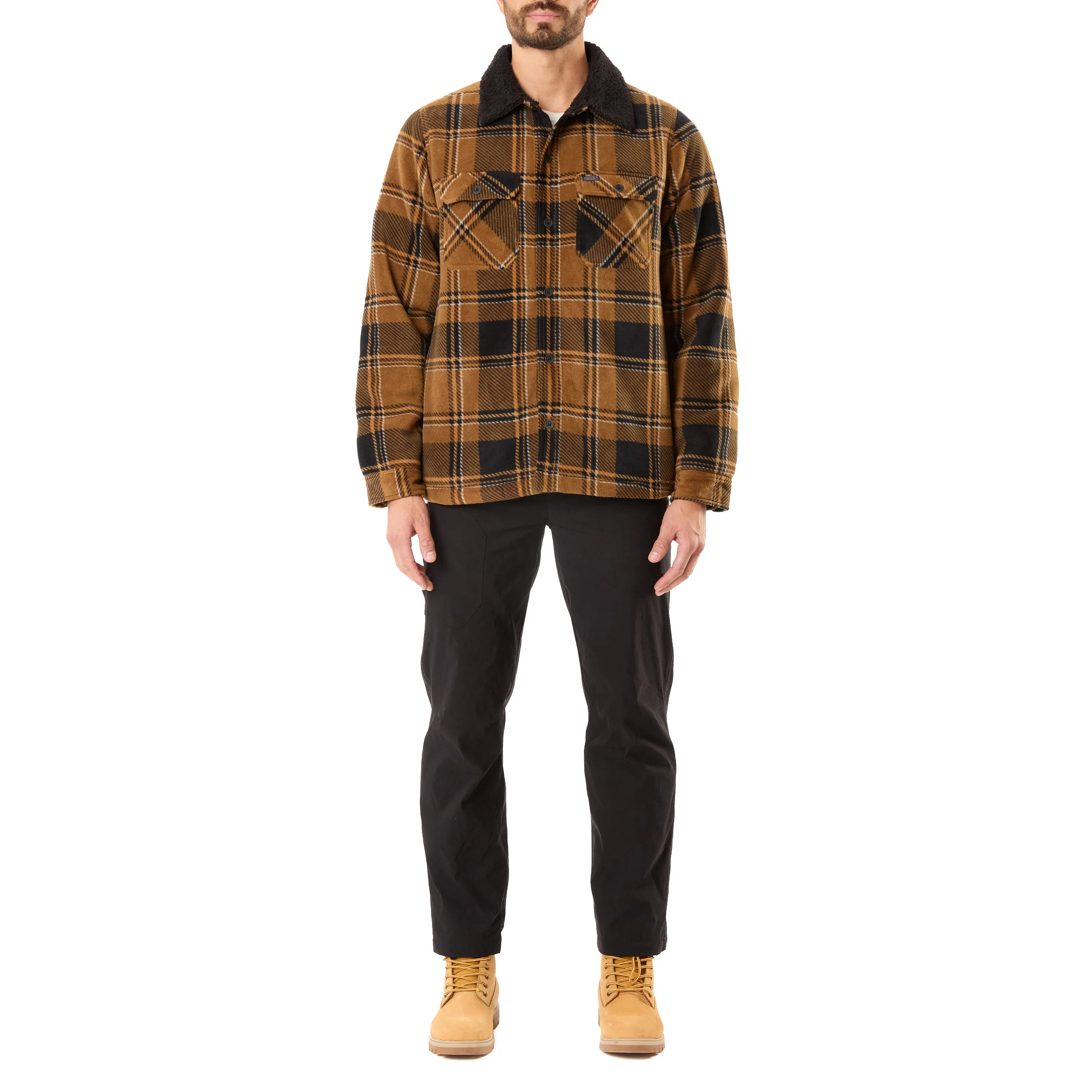 SHERPA-LINED PLAID MICRO POLARFLEECE JACKET WITH SHERPA COLLAR