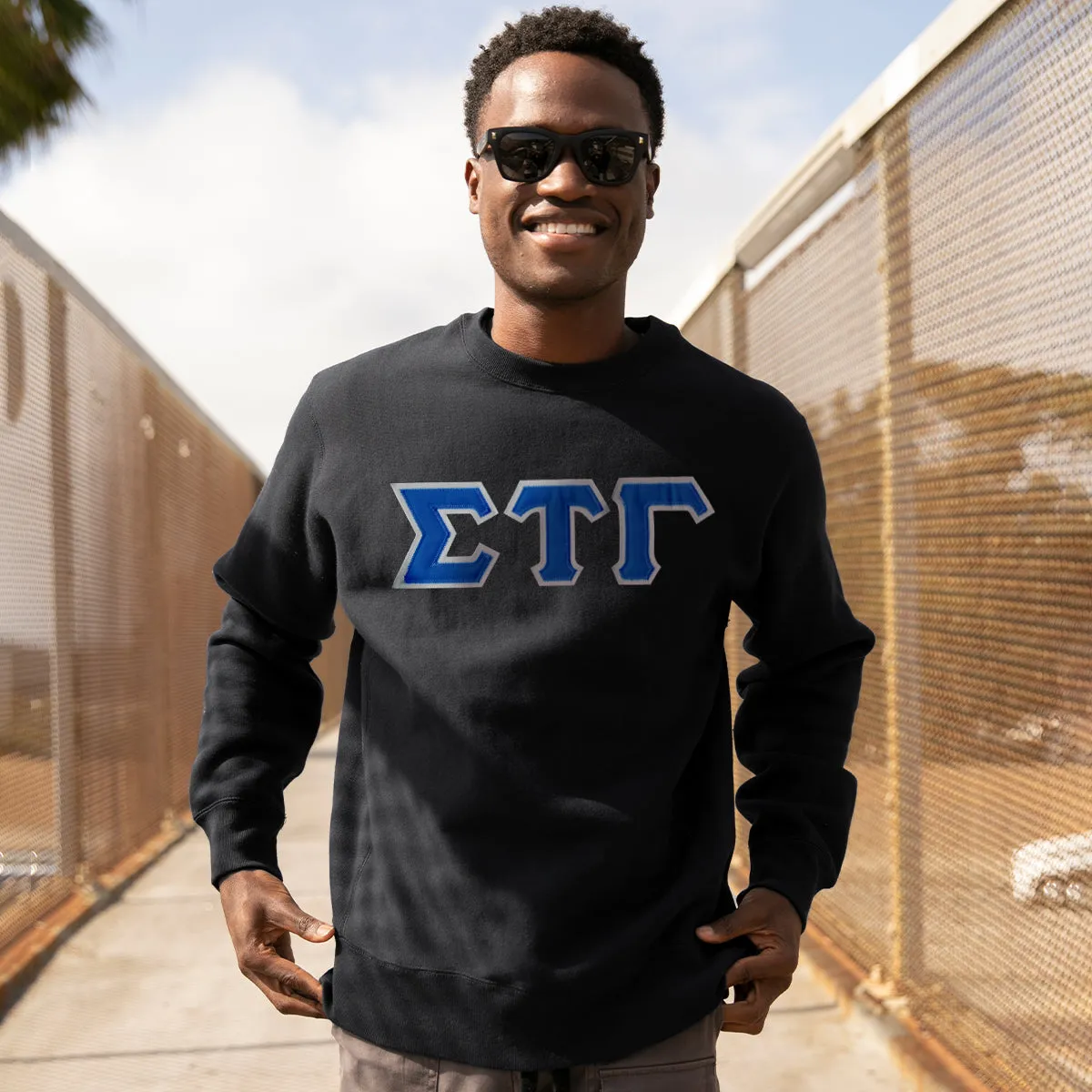 Sig Tau Black Crew Neck Sweatshirt with Sewn On Letters