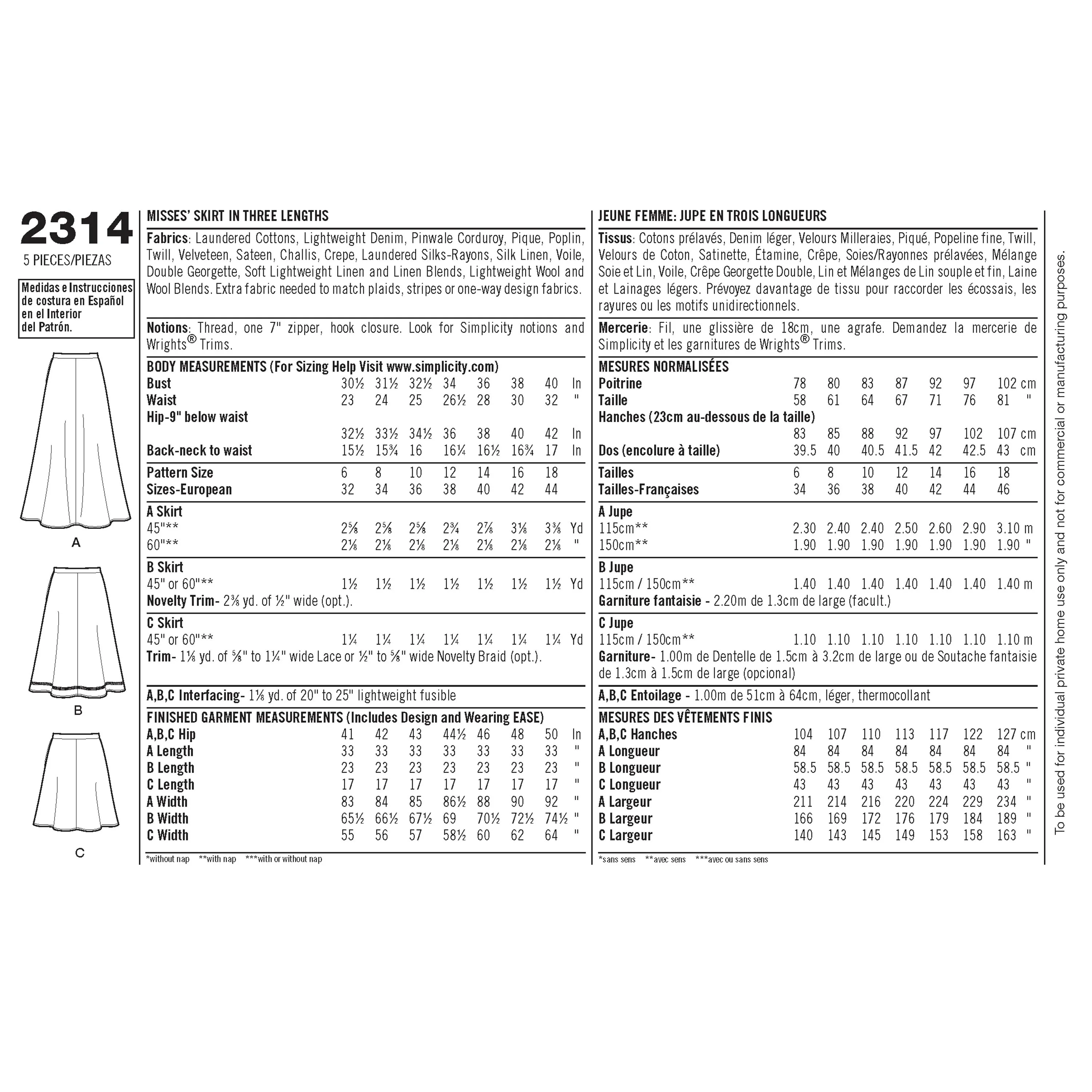 Simplicity Sewing Pattern 2314 Misses' Skirts