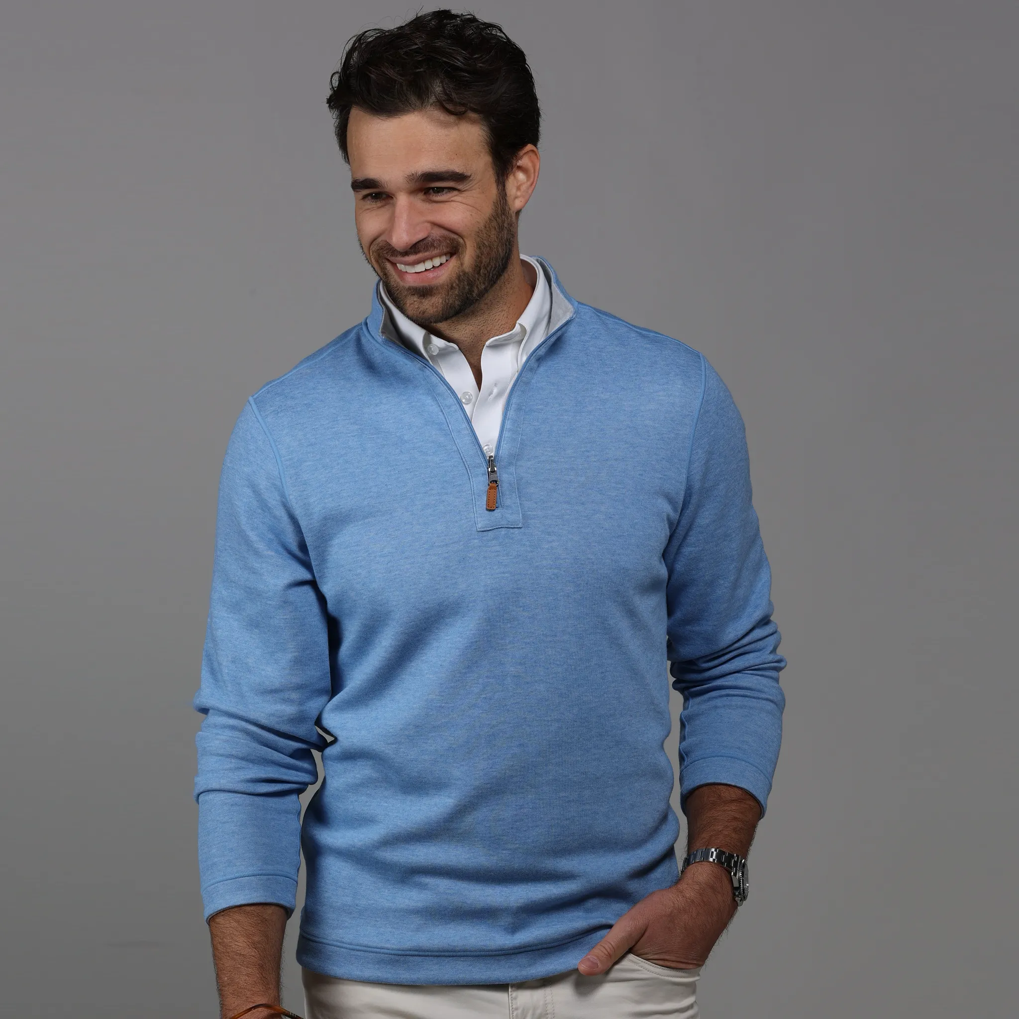 Sky Blue and Light Grey Zen Cotton Blend Reversible Quarter Zip Pullover