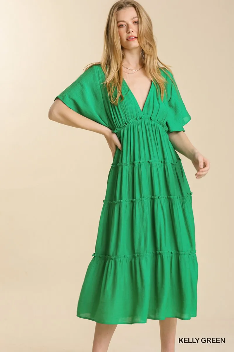 Smocked Short Sleeve V-Neck Textured Tiered Maxi Dress with lining