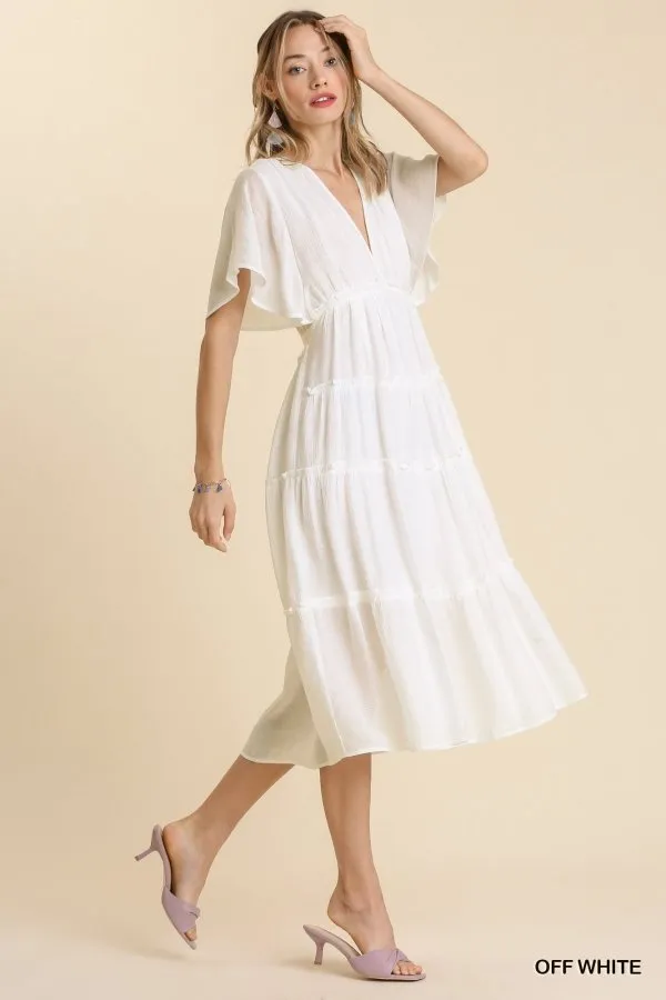 Smocked Short Sleeve V-Neck Textured Tiered Maxi Dress with lining