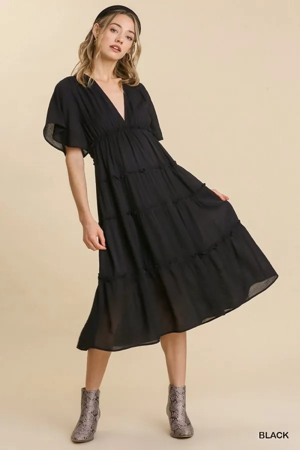 Smocked Short Sleeve V-Neck Textured Tiered Maxi Dress with lining