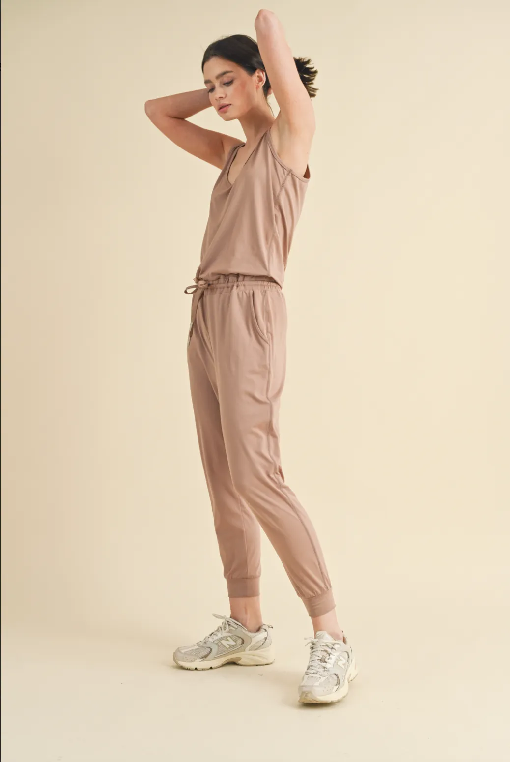 Soft Touch Knit Jumpsuit with Drawstring in Mocha