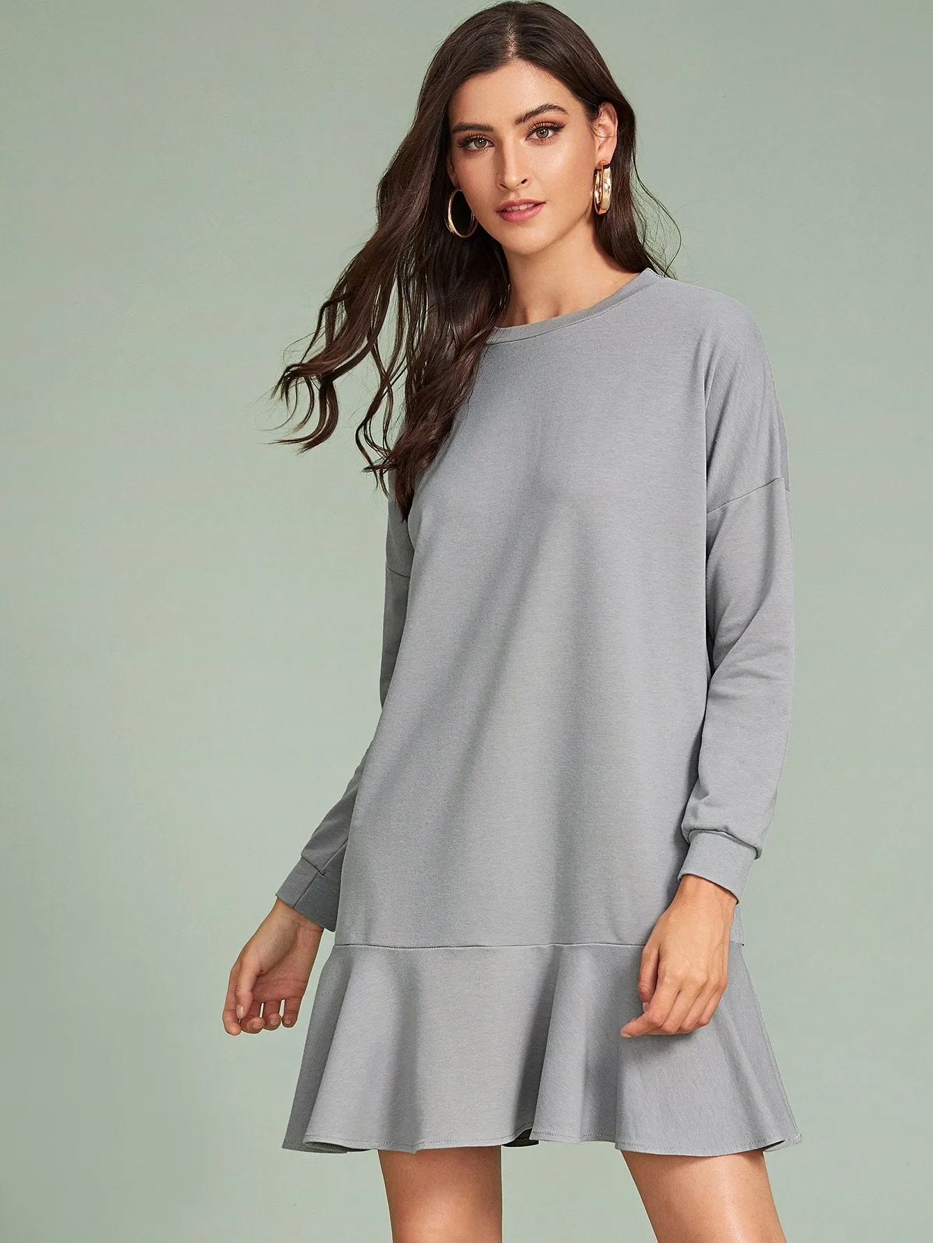 Solid Ruffle Hem Sweatshirt Dress