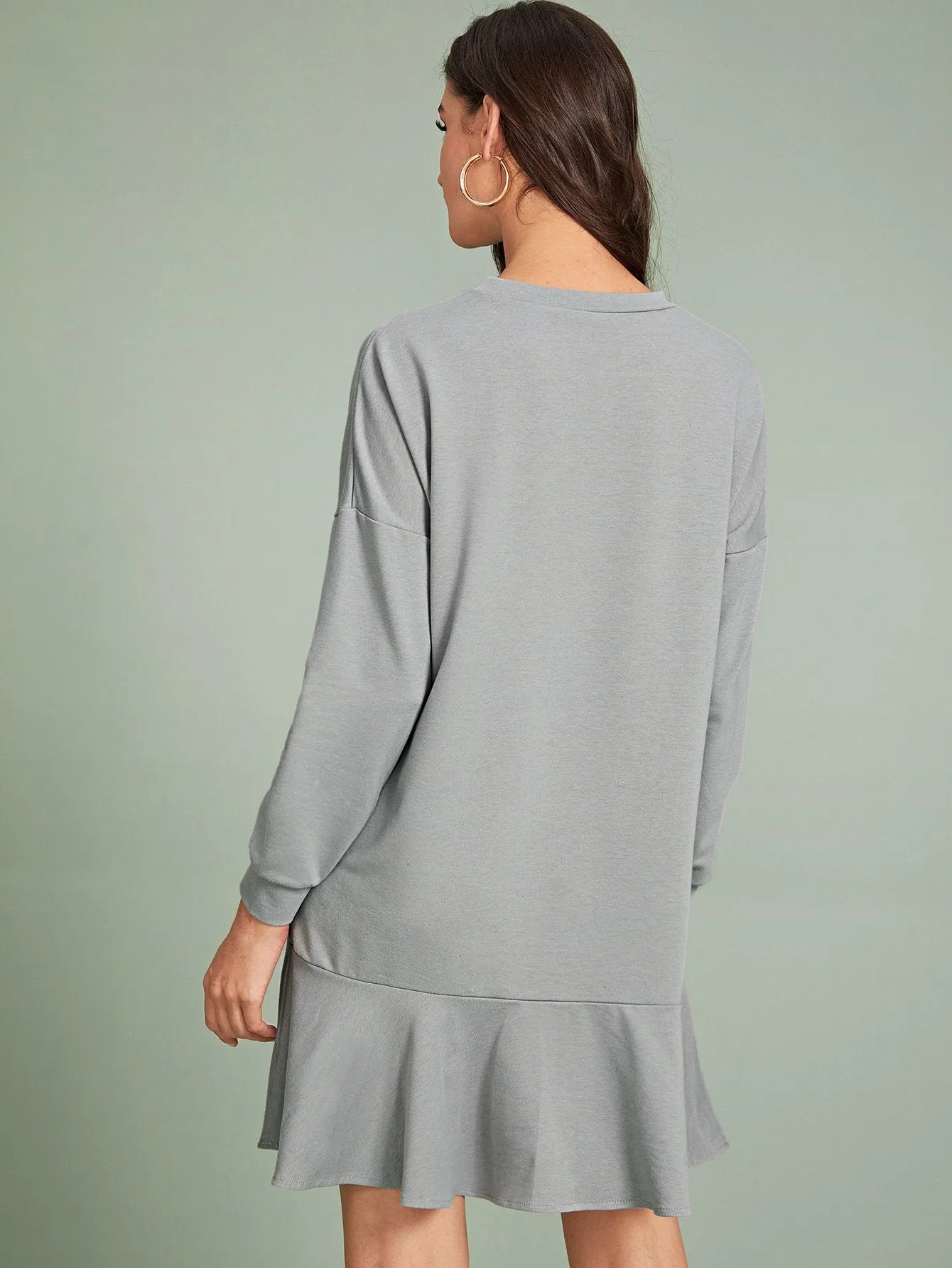 Solid Ruffle Hem Sweatshirt Dress