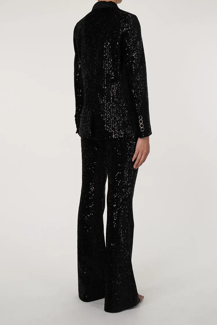 Sparkly Sequin Double Breasted High Waist Flared Pant Two Piece Blazer Set