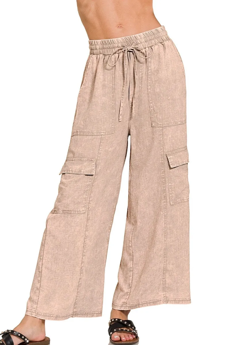 Stone Wash Linen Cargo Pants