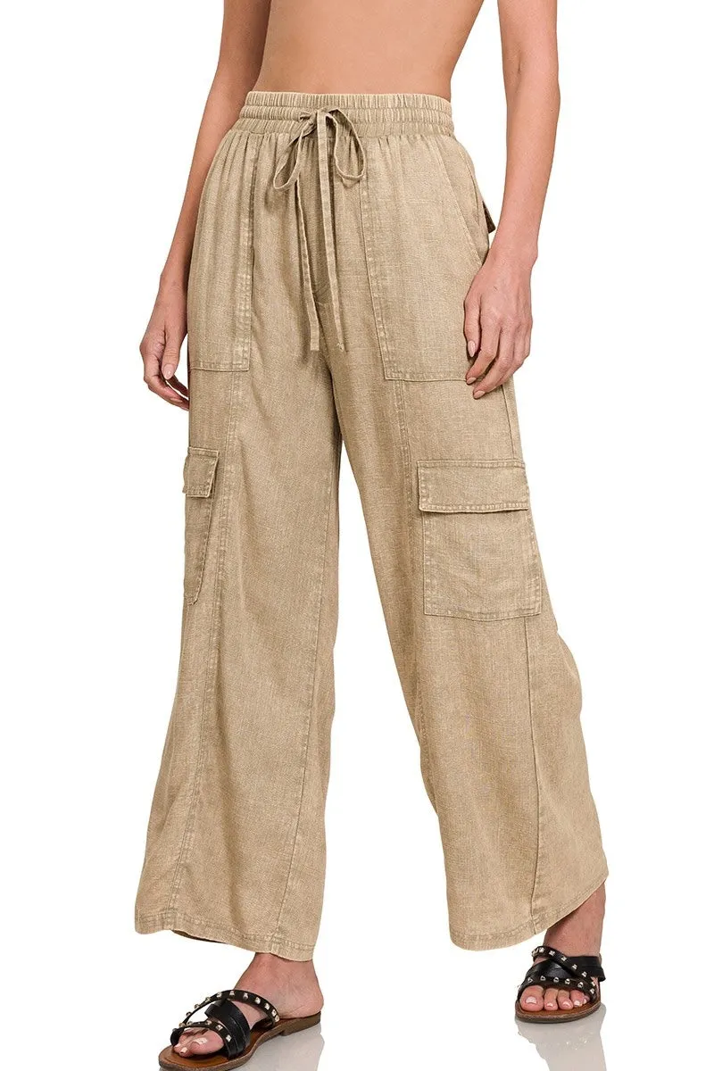 Stone Wash Linen Cargo Pants