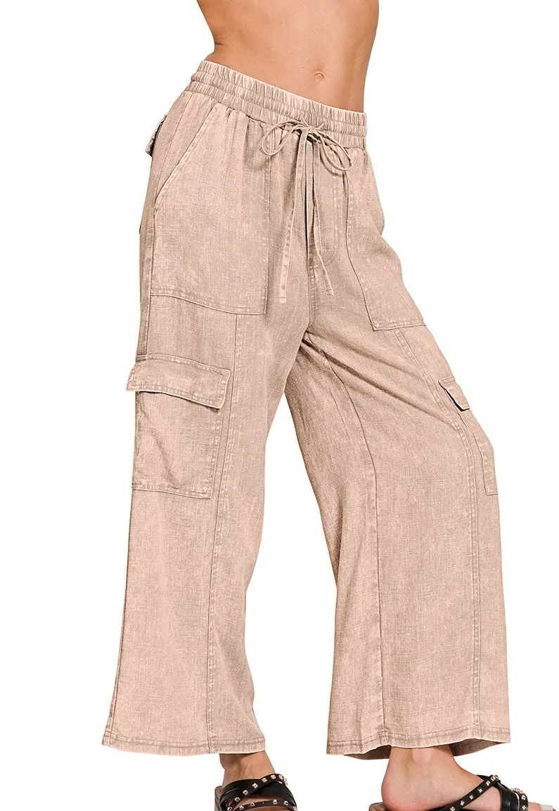 Stone Wash Linen Cargo Pants