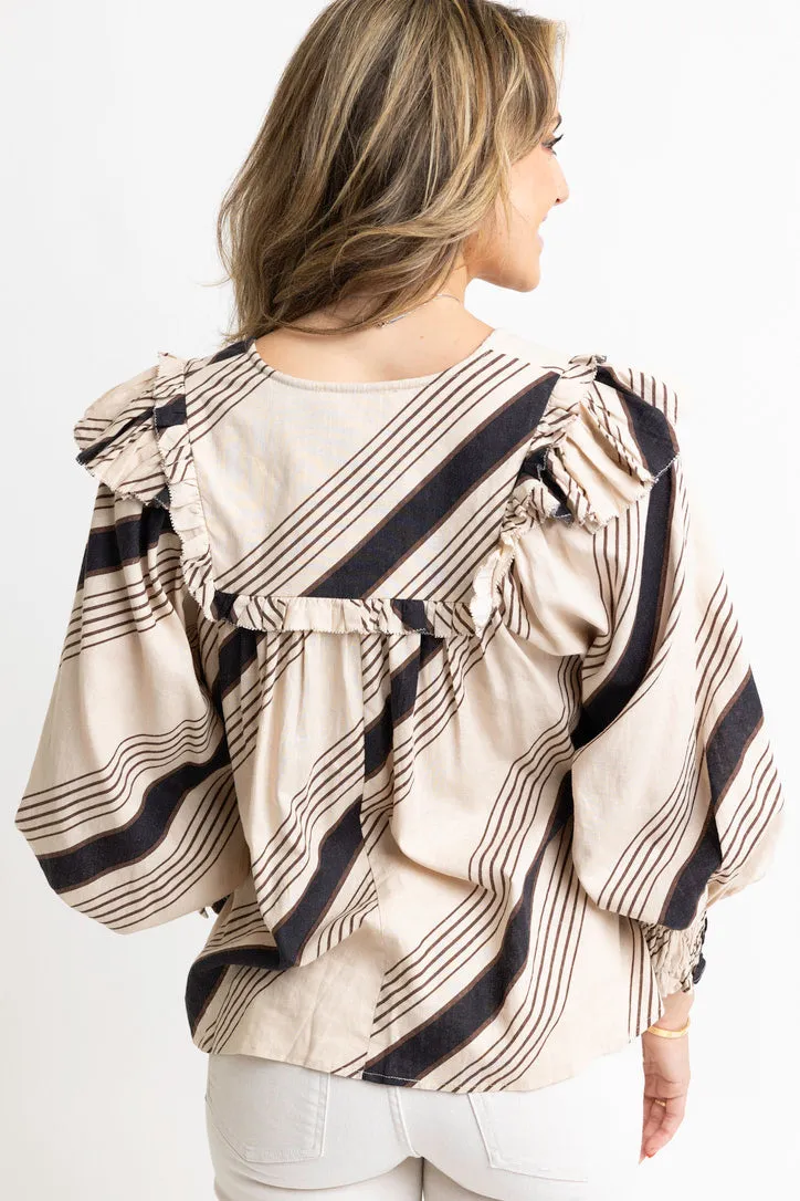 Stripe Ruffle Puff Sleeve Top