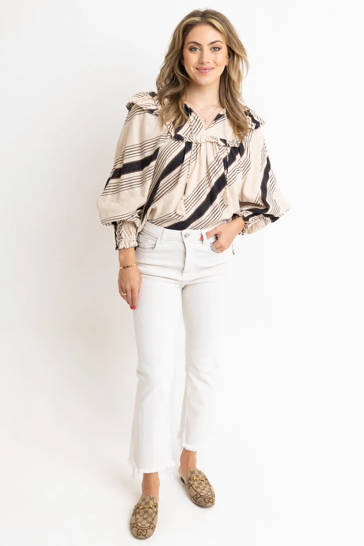 Stripe Ruffle Puff Sleeve Top