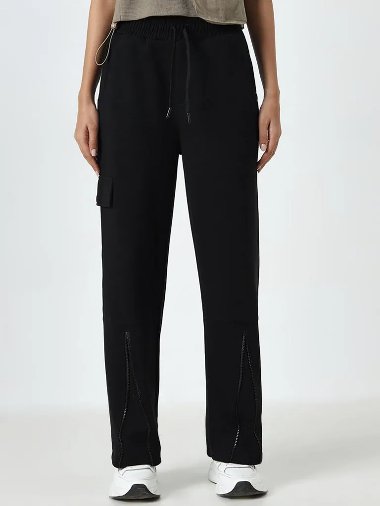 Studiofit Black Cargo-Style High-Rise Track Pants