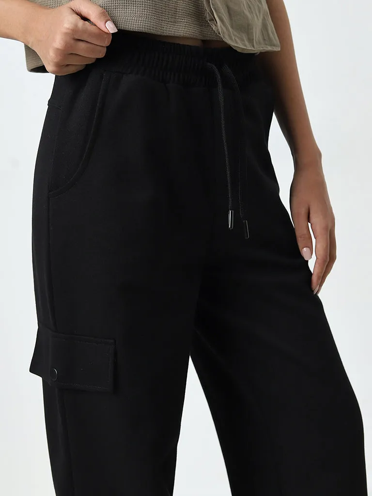 Studiofit Black Cargo-Style High-Rise Track Pants