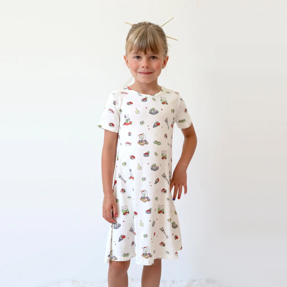 Sushi Cat Bamboo Girls' Short Sleeve Dress