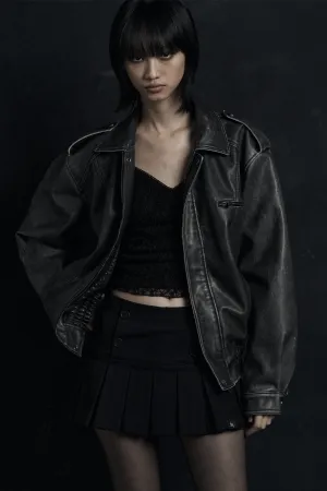 [SYNERJYN] FW 24 VINTAGE LEATHER BOMBER JUMPER BLACK